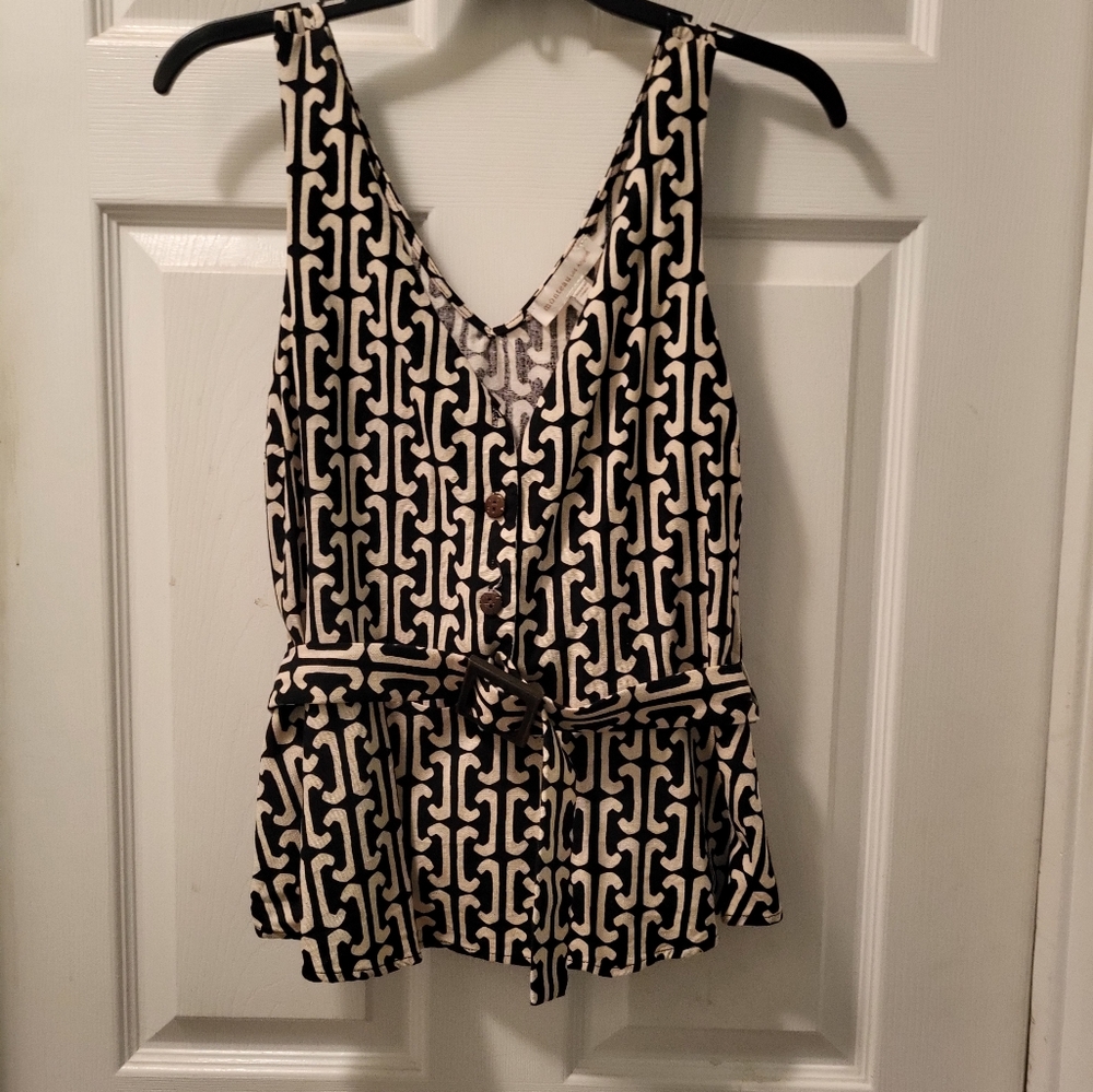 Black and Tan Patterned Sleeveless Top With Belt.